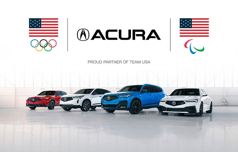 2026 Acura ADX, RDX, MDX and Integra lined up in a studio with Team USA logos.