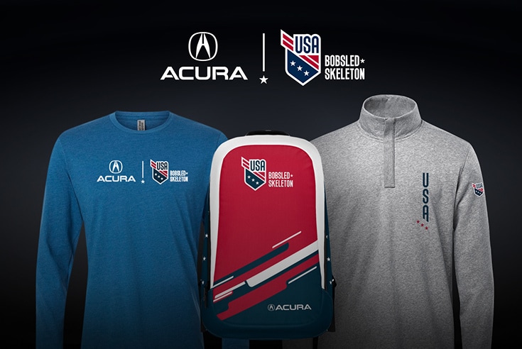 Acura and USA Bobsled Skeleton apparel collection featuring shirts and a backpack on a dark background.