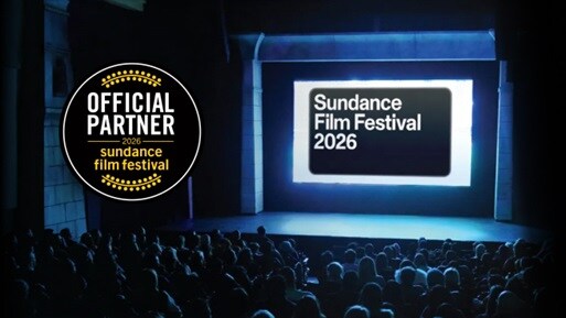 Sundance Film Festival 2026 badge and a movie theatre in the background with people silhouettes