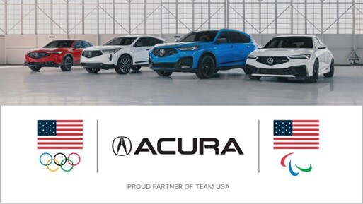 2026 Acura ADX, RDX, MDX and Integra lined up in a hangar with Team USA partnership logos.