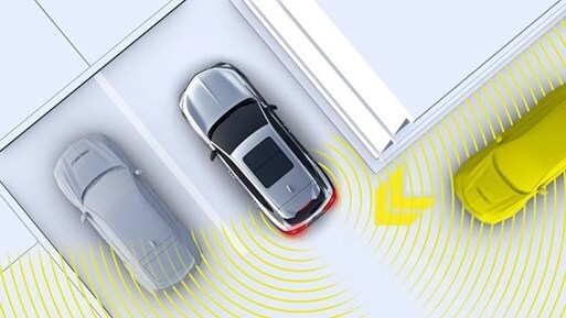 Acura SUV top view angle parking with yellow sensor waves detecting rear cross traffic.