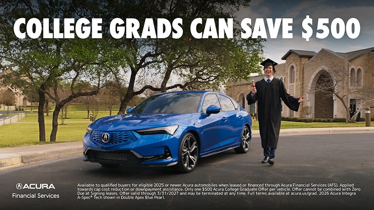 2026 Acura Integra A-Spec in Double Apex Blue Pearl front on a college campus with a graduate (Premium Sport Compact).