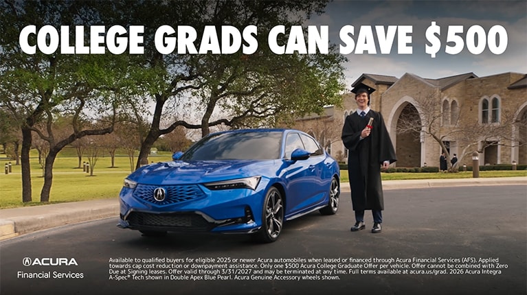 2026 Acura Integra A-Spec in Double Apex Blue Pearl front on a college campus with a graduate (Premium Sport Compact).