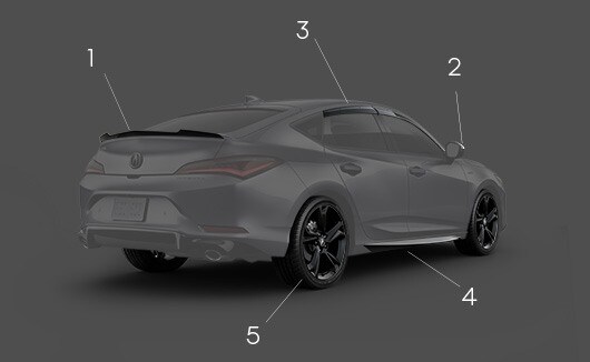 Integra A-Spec in Liquid Carbon Metallic with accessories highlighted 3/4 rear view