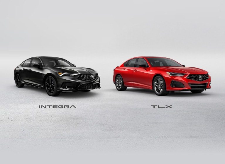 2026 Acura Integra shown in Majestic Black Pearl and 2025 TLX shown in Performance Red Pearl side by side.