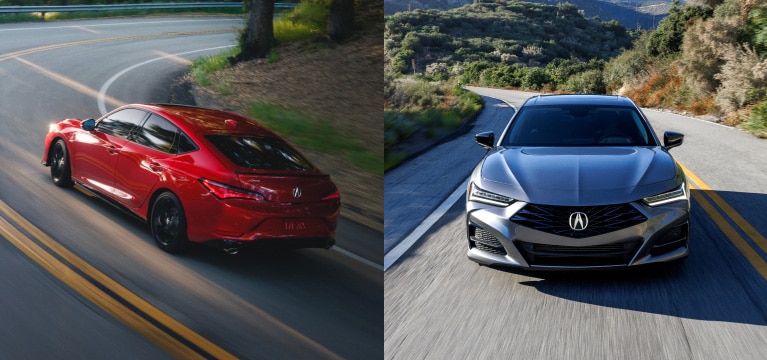 2026 Acura Integra A-Spec shown in Performance Red Pearl and 2025 Acura TLX with Technology Package shown in Liquid Carbon Metallic featuring superior handling.