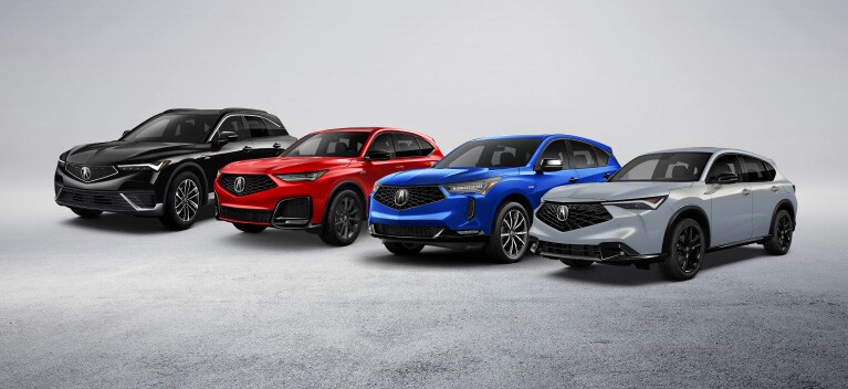 ZDX in Black Metallic Pearl, MDX in Performance Red Pearl, RDX in Apex Blue Pearl, and ADX in Urban Gray Pearl side by side.