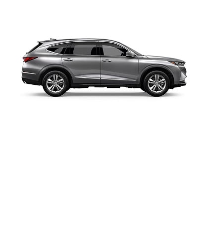 Acura 2026 MDX shown in Solar Silver Metallic, side view (Premium Performance SUV).