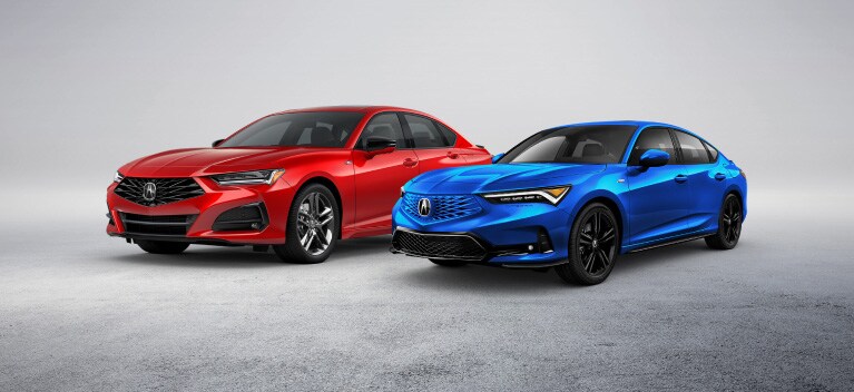 2026 Acura Integra A-Spec shown in Double Apex Blue Pearl and 2025 Acura TLX shown in Performance Red Pearl side by side.