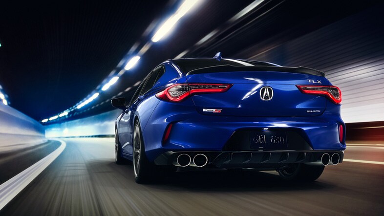 Acura TLX Type S Advance in Apex Blue Pearl rear view in tunel