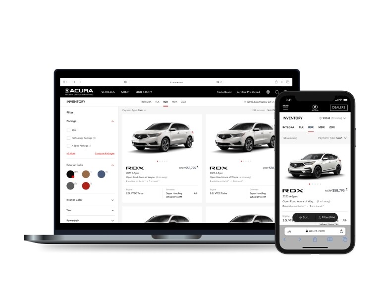 On the left a laptop screen showing a grid view of available RDX models and on the right a phone screen showing a mobile grid view of available RDX models