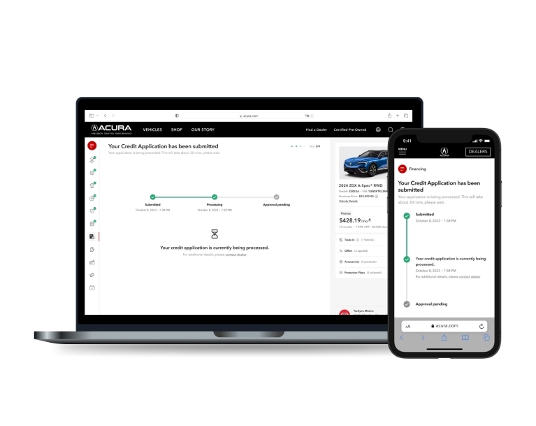 On the left a laptop screen showing the credit application screen with the application status and on the right a phone screen showing the credit application screen with the application status