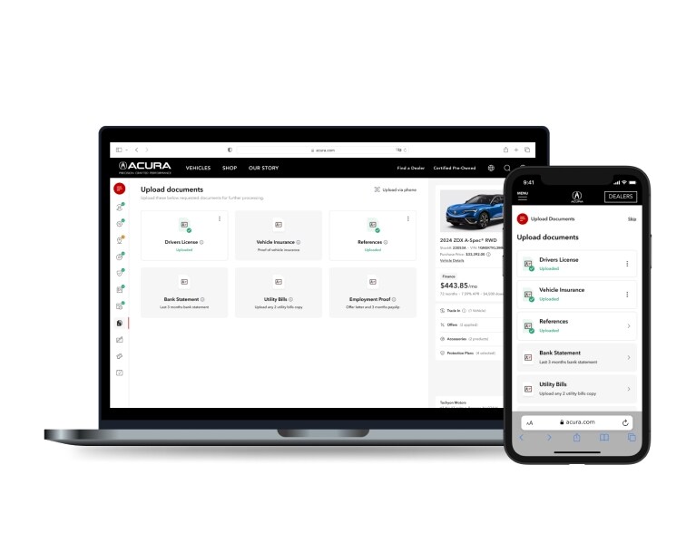 On the left a laptop screen showing uploaded and pending requested documentation and on the right a phone screen showing uploaded and pending requested documentation