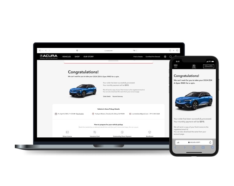 On the left a laptop screen showing order approved and processed and on the right a phone screen showing order approved and processed