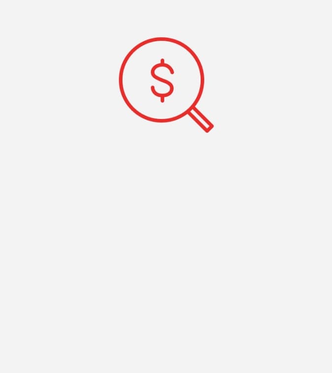 Icon of a magnifying glass and dollar sign for transparent pricing