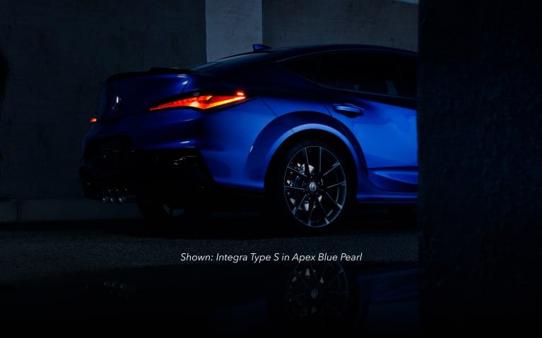 Acura Integra Type S 3/4 rear view in Apex Blue Pearl