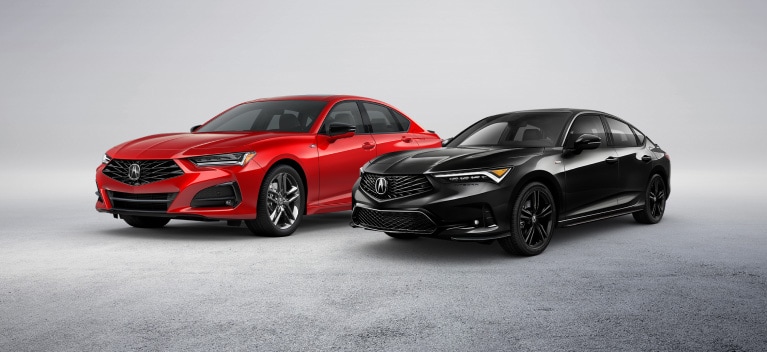2025 Acura TLX shown in Performance Red Pearl, and 2026 Acura Integra A-Spec shown in Majestic Black Pearl