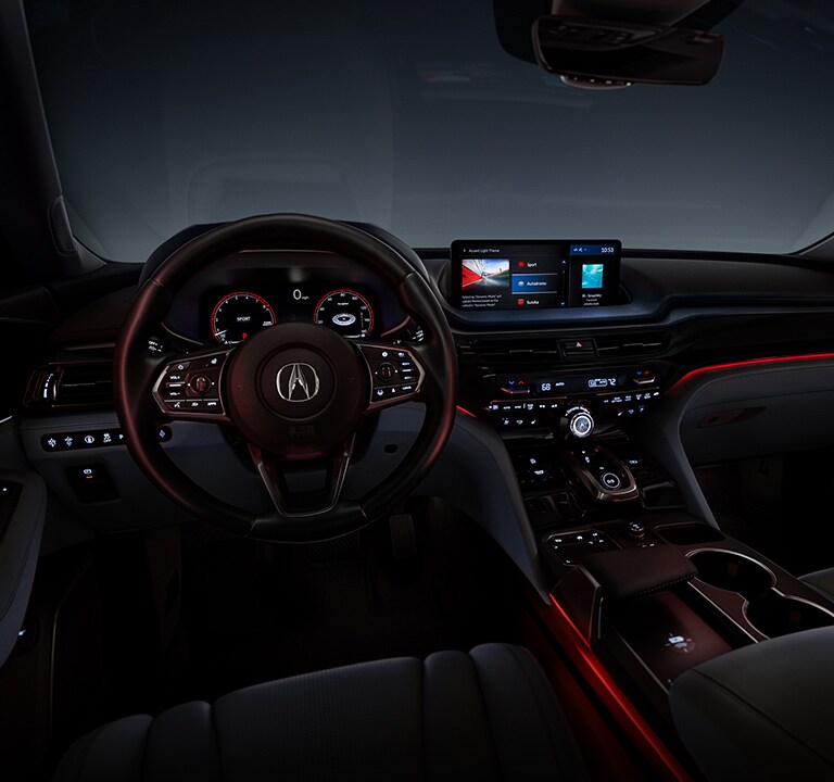 2023 Acura MDX Advance cabin in ebony with Autodromo ambient lighting