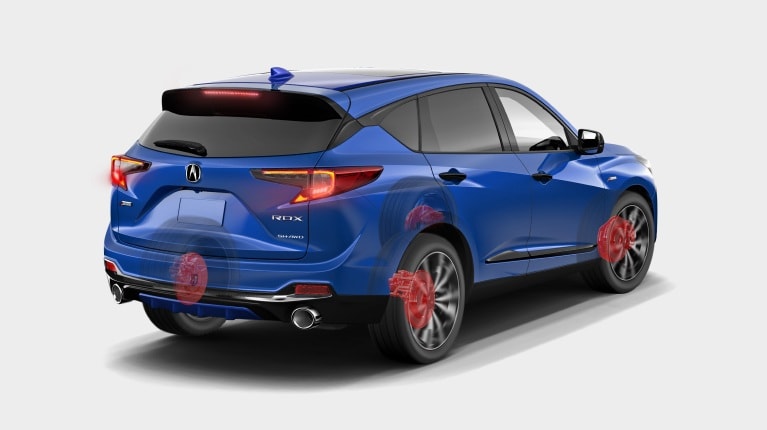 Acura 2025 RDX A-Spec in Apex Blue Pearl with braking components highlighted for Braking