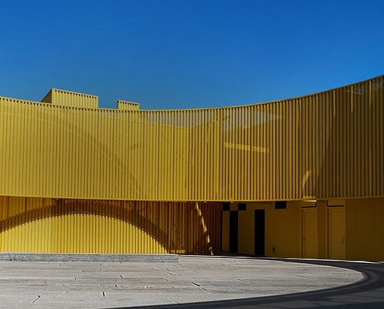 Acura 2025 RDX Technology in Liquid Carbon profile view with a yellow building at the background