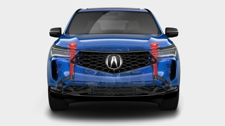 Acura 2026 RDX A-Spec in Apex Blue Pearl with front suspension highlighted for Handling