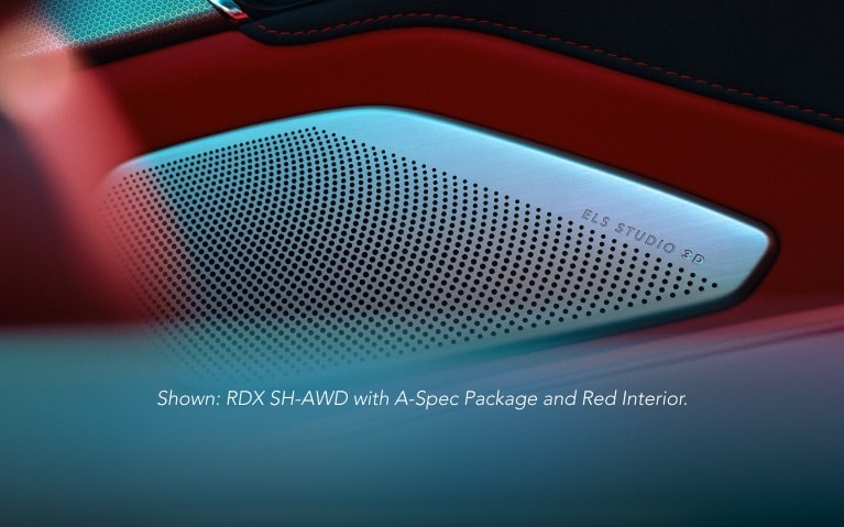 Acura 2026 RDX with A-Spec Advance Package with Orchid Interior, showing ELS STUDIO 3D® audio system.