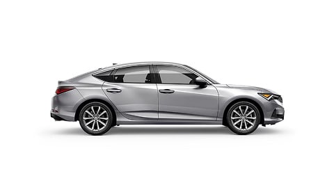 Acura 2026 Integra shown in Solar Silver Metallic, side view (Premium Sport Compact).