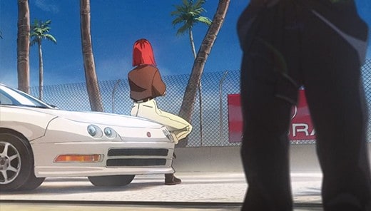 Type S Anime scene, character in front a gararage with an acura 