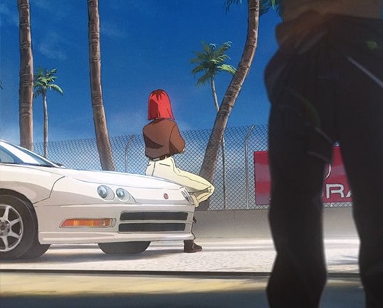 Type S Anime scene, character in front a gararage with an acura 