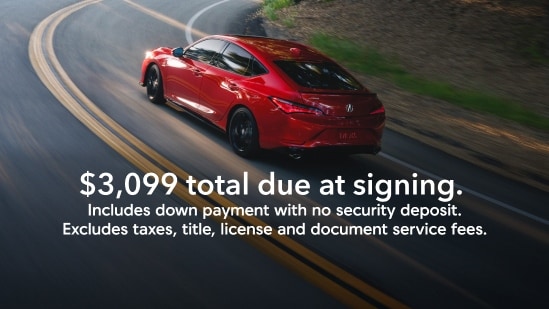 2026 Acura Integra with Technology Package rear view driving on a winding road  with on screen offer text for lease, $3,099 total due at signing. Includes down payment with no security deposit. Excludes taxes, title, license and document service fees. (Premium Sport Compact).