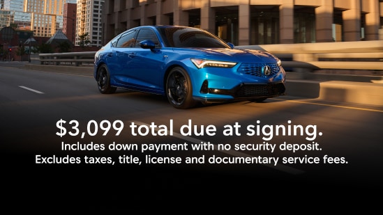 2026 Acura Integra A-Spec with Technology in Double Apex Blue Pearl front driving on a city street with on screen offer text for lease, $3,099 total due at signing. Includes down payment with no security deposit. Excludes taxes, title, license and documentary service fees. (Premium Sport Compact).