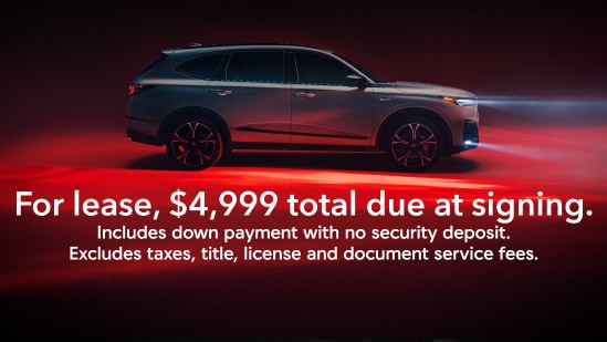Acura 2026 MDX Type S side view with on screen offer text for lease, $4,999 total due at signing. Includes down payment with no security deposit. Excludes taxes, title, license and document service fees.