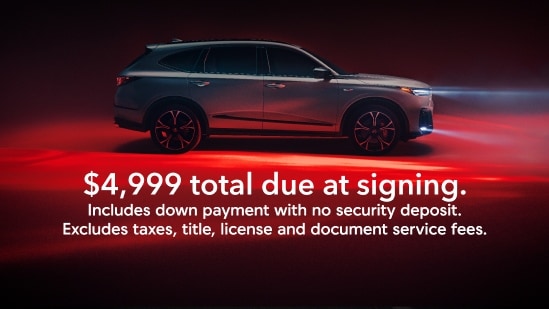 Acura 2026 MDX Type S profile with on screen offer text for lease, $4,999 total due at signing. Includes down payment with no security deposit. Excludes taxes, title, license and document service fees. (Premium Performance SUV)