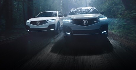 Two 2025 Acura MDX Driving in a forest in Urban Gray Pearl and Platinum White Pearl in White.